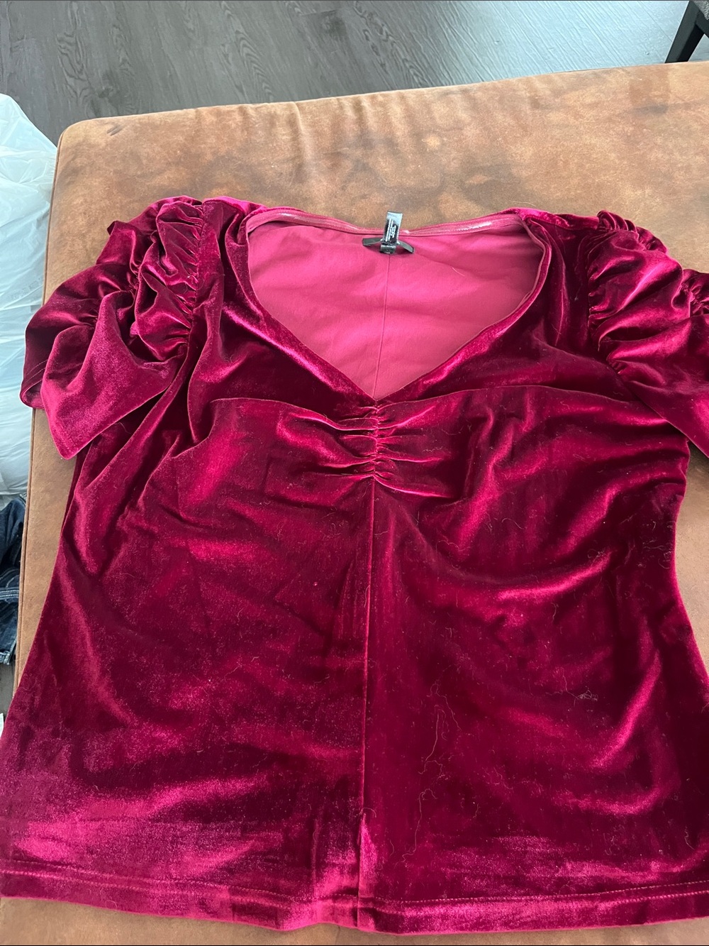 Aqua Velvet V-Neck Ruched Puff Sleeve Top - Burgundy